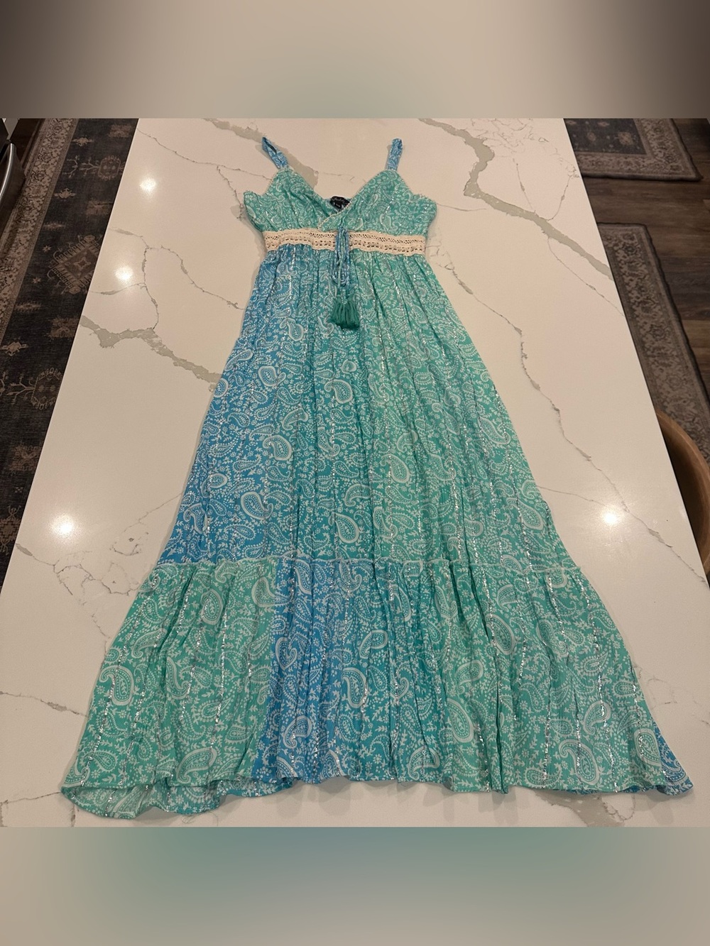 Charlie B Coastal Dreams Maxi Dress Womens M Blue Green Crochet Paisley Bohemian